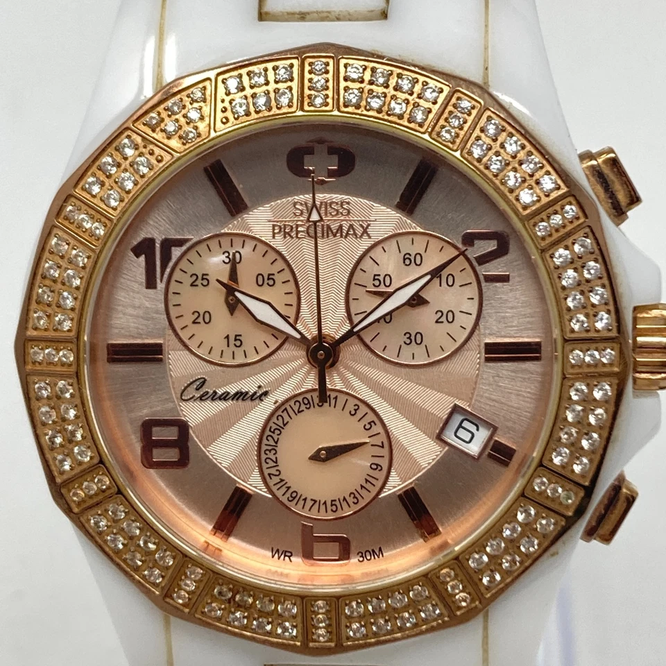 Swiss Precimax Chronograph Watch Women 38mm Rose Gold Tone Ceramic New Batt 6.5" - Image 2 of 4