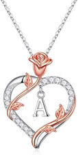 Rose Heart Initial Necklace Gifts for Women Girls, Letter Pendant Necklaces for
