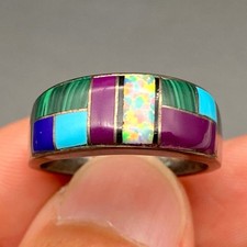 Vintage Southwestern Turquoise Malachite Lab Opal Sterling Silver Ring Size 7.75