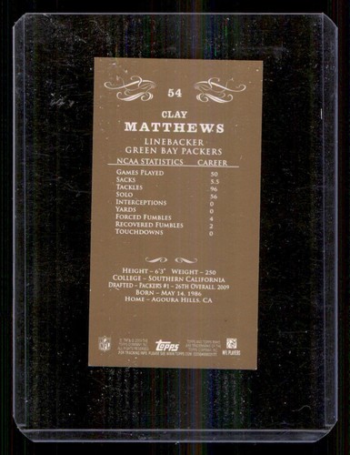 2009 Topps Mayo Mini #54 Clay Matthews - Picture 2 of 2