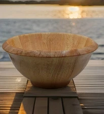 Clay Art Blonde Wood Large Salad Serving Bowl Y2K Centerpiece Wide Rim 