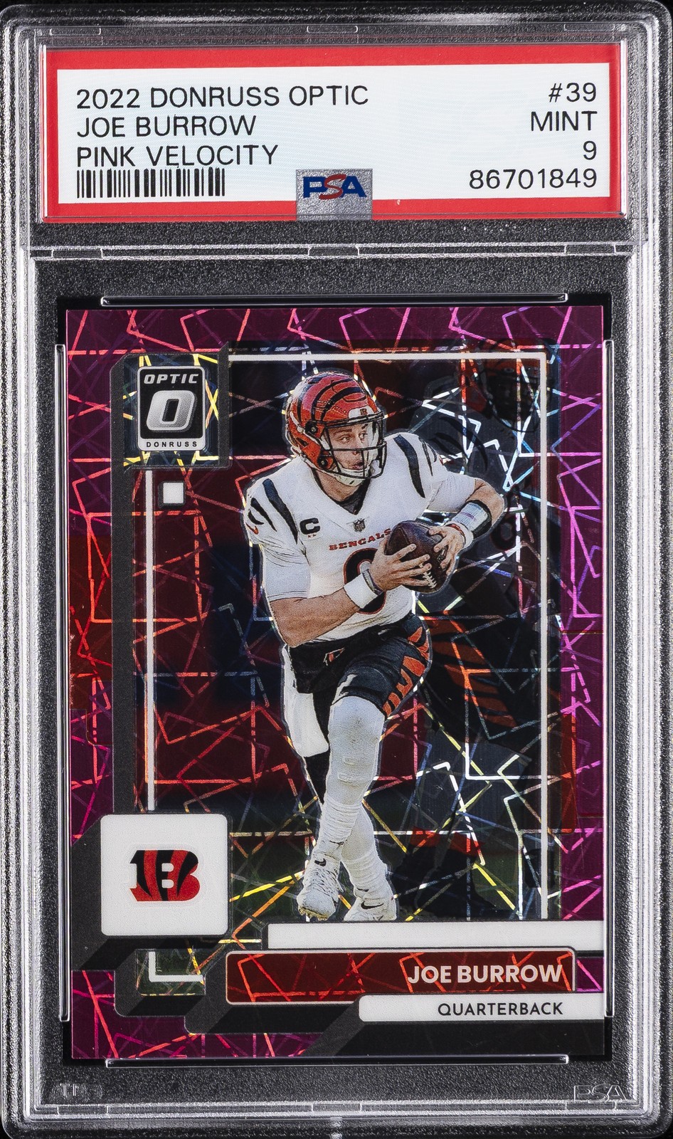 2022 PANINI DONRUSS OPTIC PINK VELOCITY #39 JOE BURROW 8/79 PSA 9