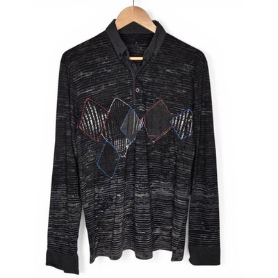 Adolfo Dominguez Long Sleeve Polo Shirt Men Diamond Art Patch Buttoned Collar L
