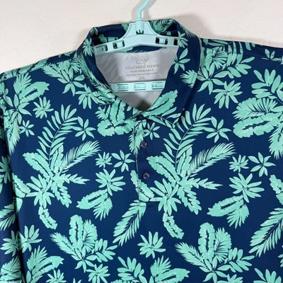 Vineyard Vines Polo Shirt Mens 2XL Blue Performance Golf Prep Floral Palms Aloha