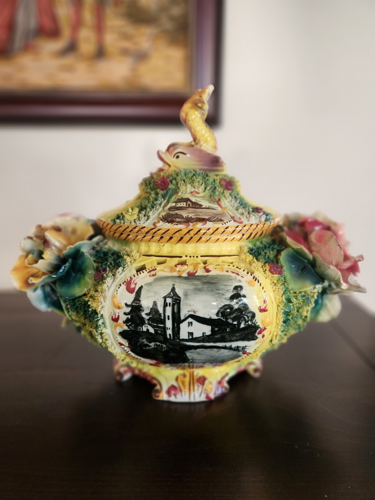 VTG Italian Majolica Tureen With Dolphin. Older, Family Piece