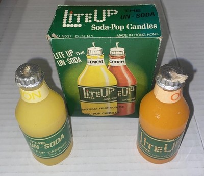 Vintage NOS Set of 2 Small Soda Pop Candles Lite Up Fruit Scented made Hong Kong