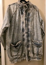 Vintage 1980s Pan Asia Denim Jacket Long Acid Washed Shoulder Pads Lined Retro L