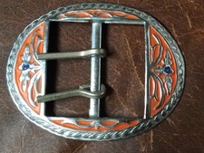 Vintage Oval Double - Prong Belt Buckle Features An Orange Enamel And Floral...