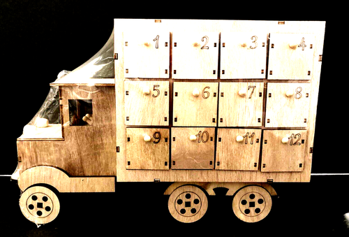 New in Plastic Wrap Merry Christmas Wood Truck Advent Calendar with Drawers