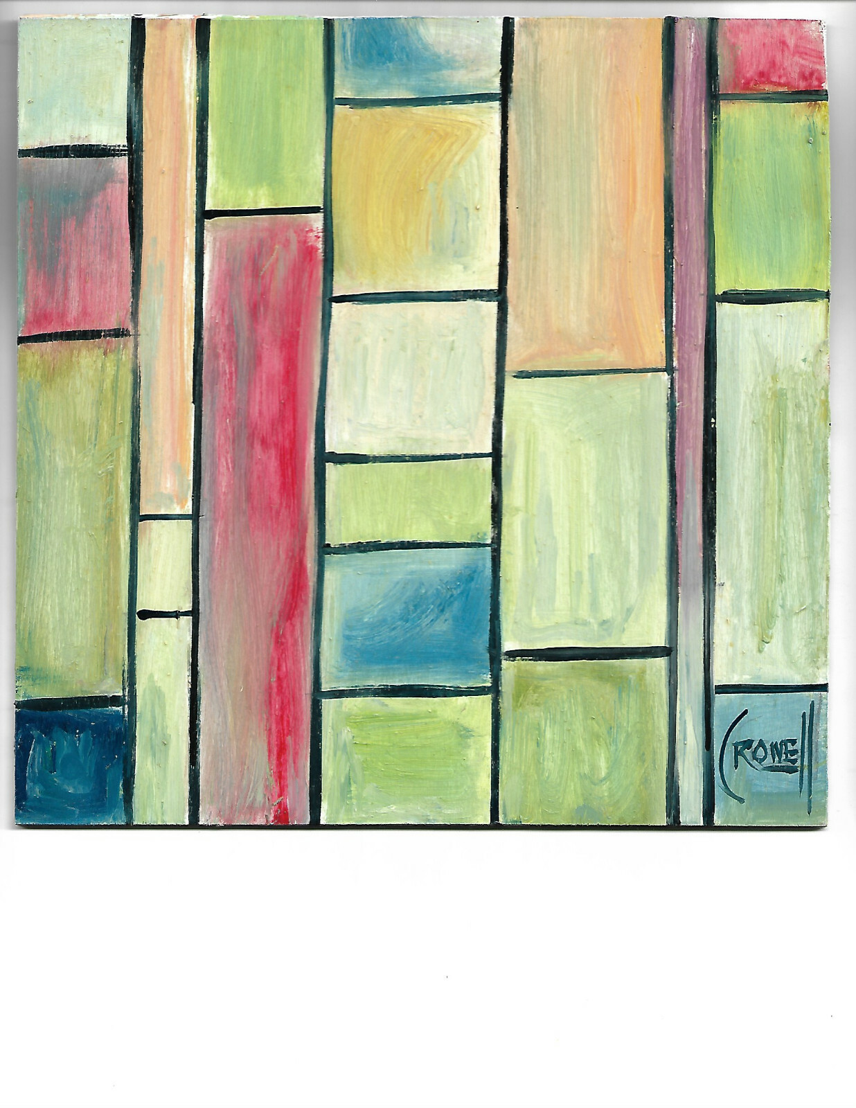 HIT THE HIGHWAY  abstract oil painting original 8x8 wood Vintage  signed Crowell