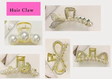 Elegant Pearl Rhinestone Hair Claw Clip Women Gold Bow Leaf Moon Barrette Gift