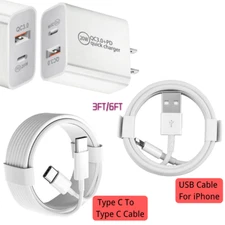 20W Fast Charger Adapter USB PD Type C Cable For iPhone 16 15 14 13 12 Pro Max