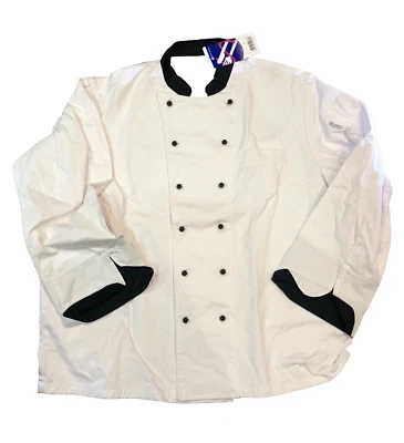 SWANSTONS weiß mit schwarzem Besatz Baumwolle Kochjacke Oberteil Langarm Herren Damen Unisex, NEU