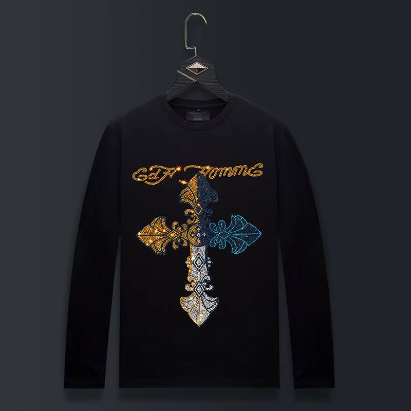 New Fashion Cross Trend Rhinestone Long Sleeve Luxury  Men T-Shirt Plus Size 6XL