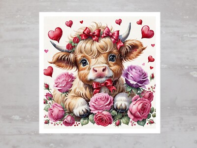Valentines Farm Baby Highland Cow Fabric Panel Craft Sewing Quilt Block A567