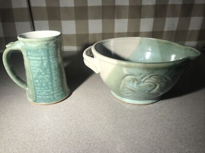 Handmade Studio Art Pottery Tall Mug Seafoam Green Glaze Beautiful Bowl And Cup
