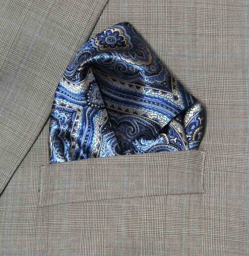 Gascoigne Pocket Square Blue Tan Black Flourish Men's - Afbeelding 1 van 2