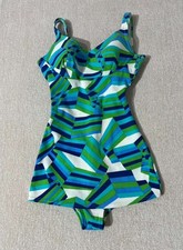 Vintage 50s Rose Marie Reid Swimdress One Piece Swimsuit Blue Green Geometric S