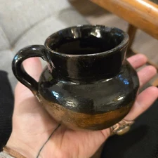 Vtg Black Glazed Earthenware Pottery Jug Handled Cup Small Rustic Chip Patina 90
