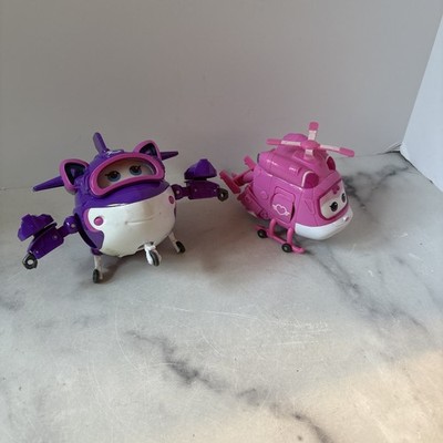 Lot of 2 Super Wings Transforming Pink Dizzy Helicopter & Purple Crystal Plane