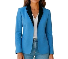 Kasper Blazer Size 10 Blue Black Open Front Slit Bracelet Cuffs Linen Blend