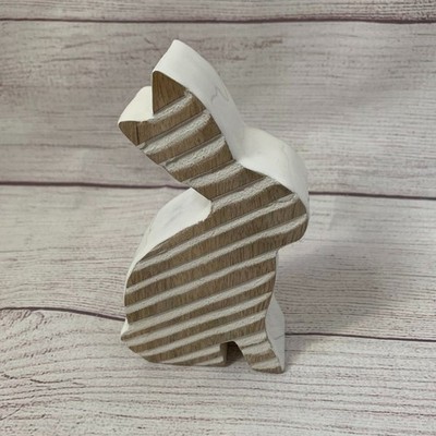 Wood Easter Bunny Rabbit White Shellac Edges Striped Ribbed Sides Farmhouse 6''H