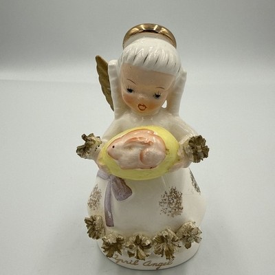 READ Vintage Kitsch April Birthday Angel Yellow Egg Pink Bunny Missing Wing