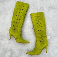 Jimmy Choo |Auth Vint Rare Green Suede Leather Cut-Out Stitch Heeled Boots (36)