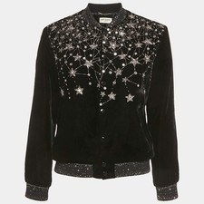 Saint Laurent Paris Black Embellished Velvet Bomber Jacket S