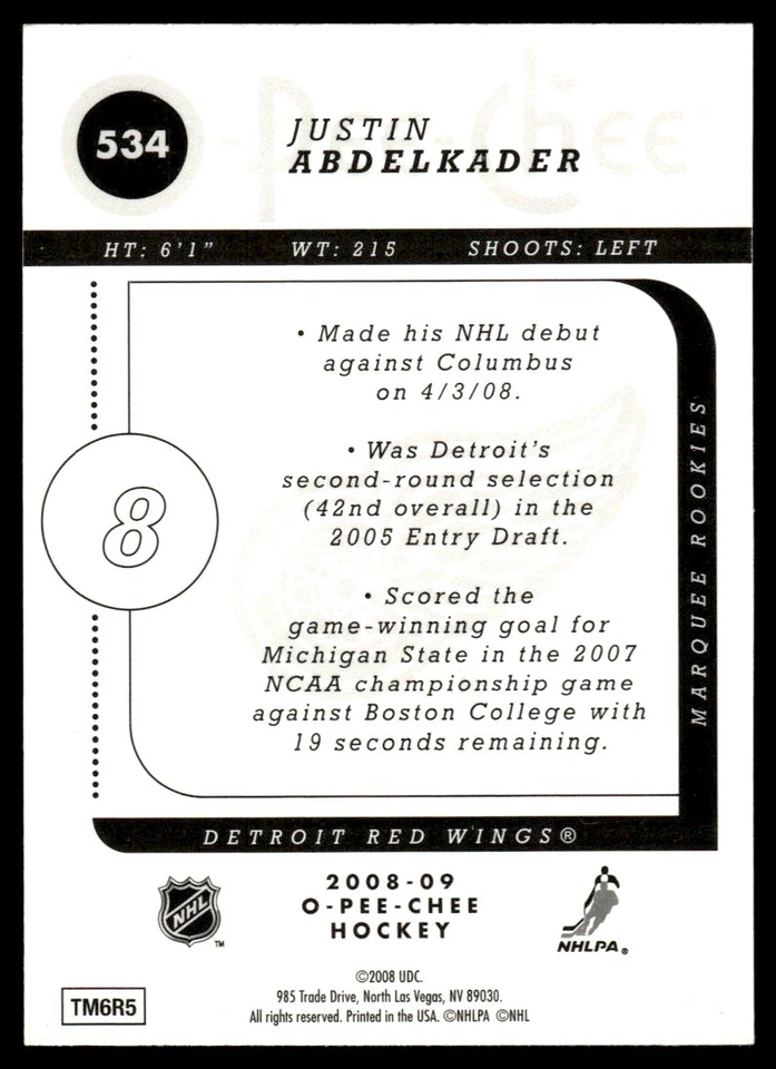 2008-09 O-Pee-Chee Gold Justin Abdelkader Rookie Detroit Red Wings #534 - Image 2 of 2