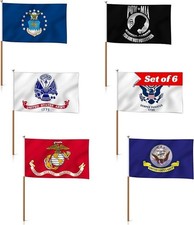 12X18 U.S. MILITARY FLAG  SET 5 BRANCHES + POW MIA Stick Flag Wood Staff 100D