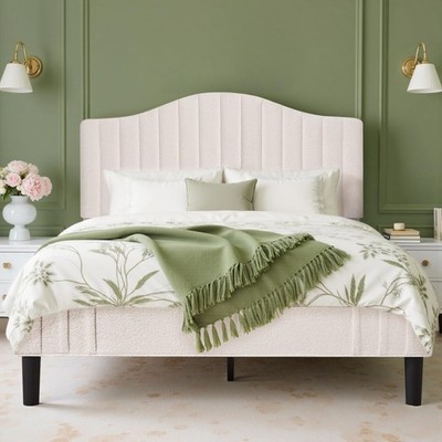 Queen Size Bed Frame Upholstered Platform Beds with Height-Adjustable Teddy F...