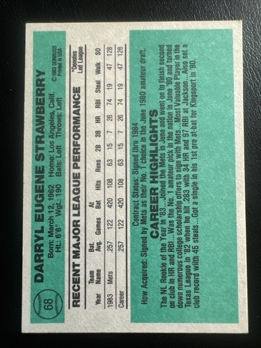 Darryl Strawberry 1984 Donruss Rookie Card #68 (7363) - Picture 2 of 2