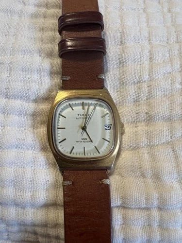 Vintage 1987 Timex Viscount Automatic Men's Watch Leather & Metal Bands