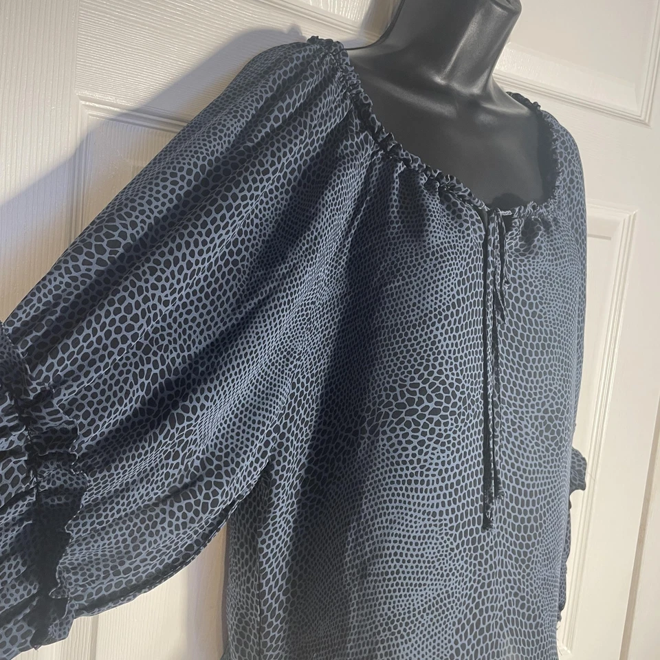 Blusa Gibson Mujer XS Azul Negro Seda Campesina Volantes Manga Transparente Estampado Animal Foto 2 de 4