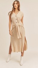Mable Camel Chunky Knit Ribbed Tie Front Midi Sweater Dress Preppy Effortless
