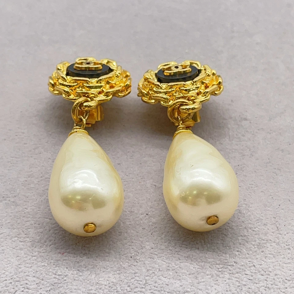 Auth CHANEL 95A Coco Mark Pearl Drop Gold Black 31.76g Earrings W/B/D SK100554 - Image 4 of 4