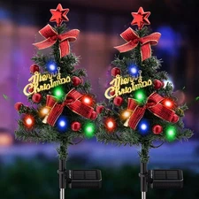 2xChristmas Tree Stake LED Light Waterproof Solar Powered Garden Path Decoration