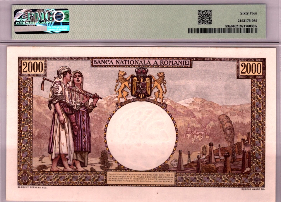 Rumania 2000 Lei 1941 PMG 64 ELECCIÓN UNC Pick # 53a Foto 2 de 3