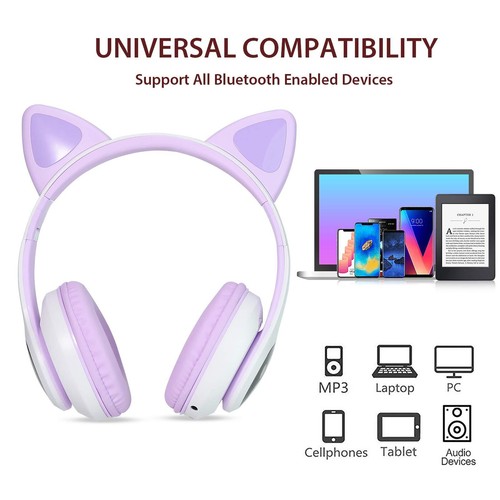TCJJ Kids Wireless Headphones Cat Ear LED Light Up Bluetooth Foldable Headphones - Picture 6 of 6