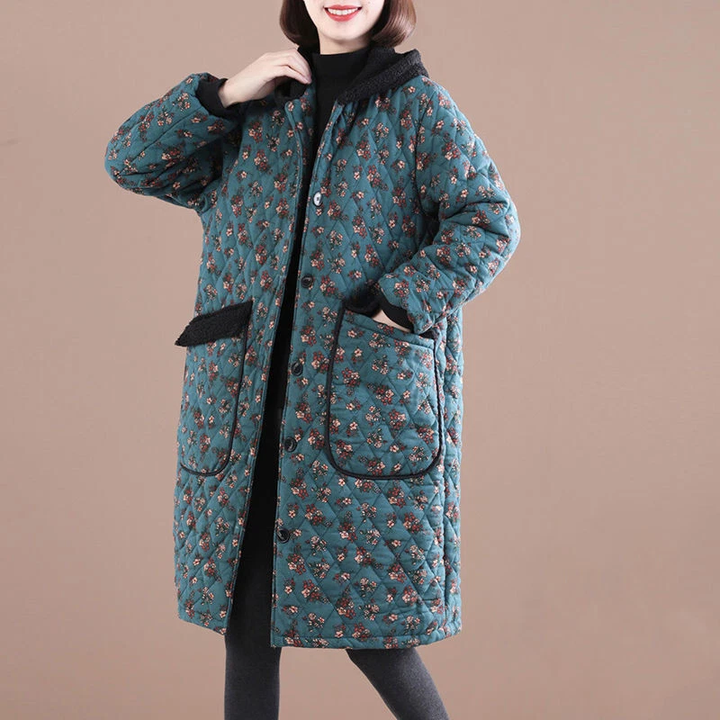 Womens Single Breasted Floral Hoodie Padded Outwear Winter Loose