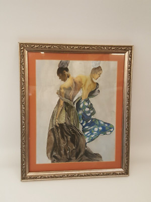 Vintage original oil pastel drawing artwork fashion models framed