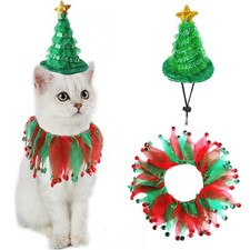 Small Cat Christmas Costume Tutu Collar  Green Hat Holiday Kitten Outfit