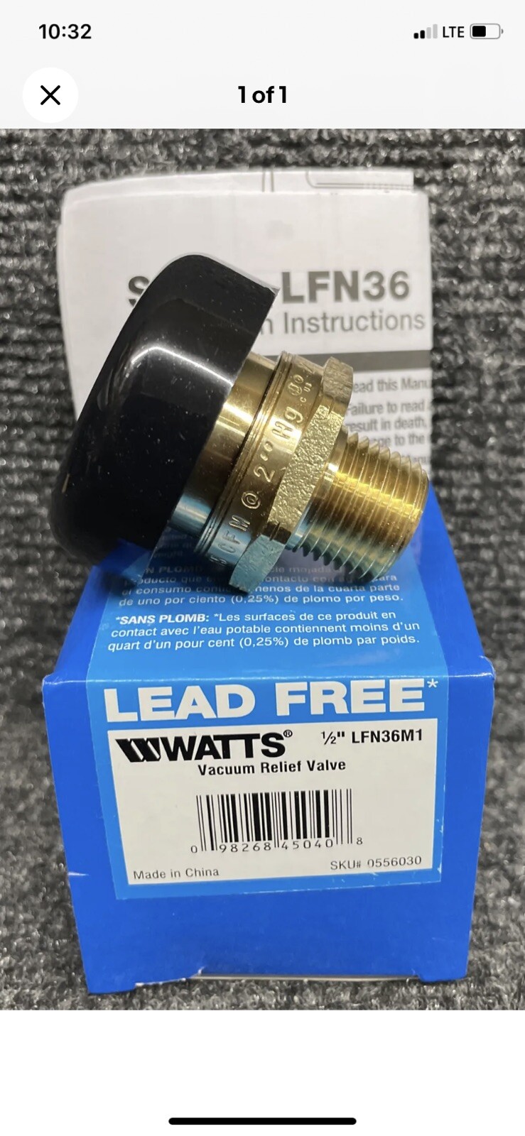 Watts LFN36M1 1/2" Lead Free Vacuum Relief Valve eBay