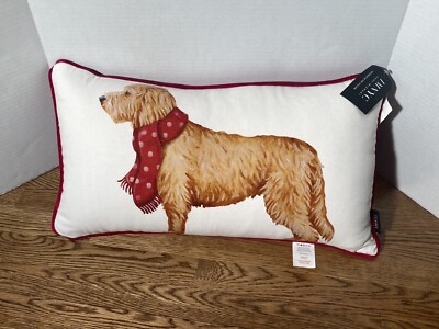 Isaac Mizrahi Goldendoodle Scarf Christmas Lumbar Throw Pillow Dogs Red  White