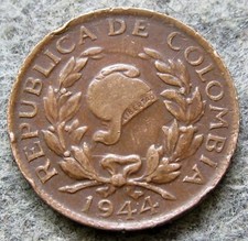 COLOMBIA 1944 5 CENTAVOS, Phrygian Cap & Cornucopia Scarcer Type Copper