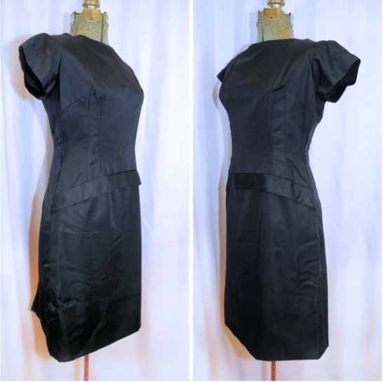 Vestido Vaina De Colección Años 60 Negro Tafetán Talla SM Cintura Caída Plisado Trasero y Lazo LBD Foto 2 de 4