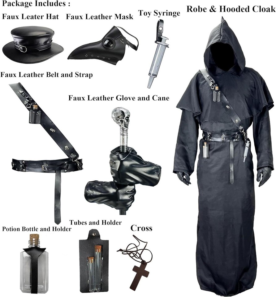 Absolute Vibe Plague Doctor Costume Set Halloween Props (Black, XL) eBay
