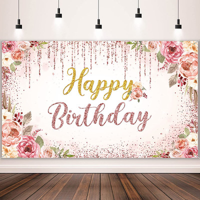Happy Birthday Backdrop Decorations for Women Background Party Supplies Rose Bac