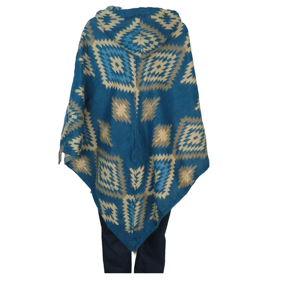 Poncho|2 Botones| Capucha con Cordón+Bolsillo|Boho|Azteca|Mezcla de Lana Yak|1 Talla| Cian Foto 3 de 4